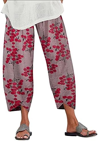 Panенски капри панталони, памук постелнина Еласитц половината со широки нозе лабава јога каприс удобни цветни исечени панталони