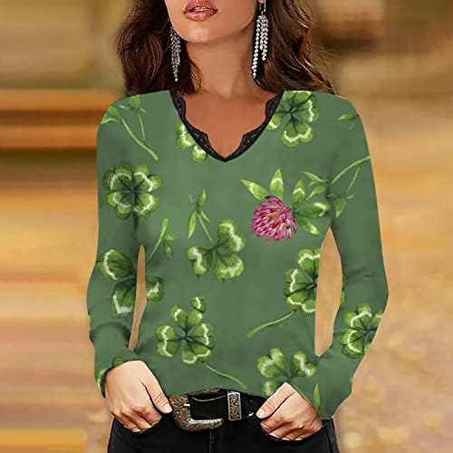 Nokmopo женски кошули фустани обични женски модни лежерни денови на Свети Патрик, печатено маица со долги ракави, чипка чипка зашивање