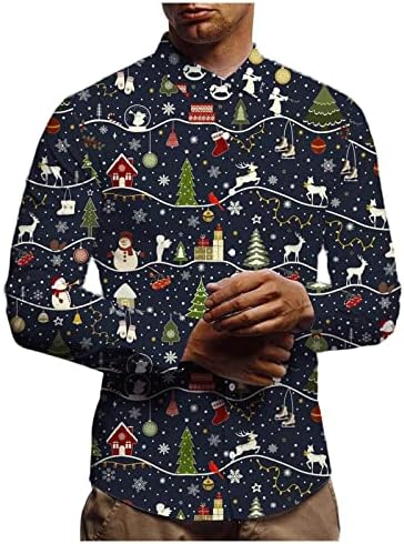Божиќни кошули XZHDD за мажи, смешен Божиќ Дедо Мраз снежен човек за печатење на снежни метри, за да се спушти јака, деловна кујна кошула