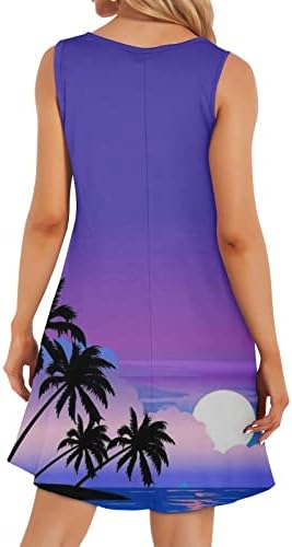 Летни фустани на wpoumv за жени плажа пејзаж печатење маичка облечена обична екипа на екипажот џеб мини резервоар за изместување
