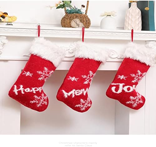 Божиќни чорапи 15,7*27 инчи Божиќни порибници Супер меки кадифни класични црвени и бели висечки чорапи со плетена снегулка за семеен празник Божиќ