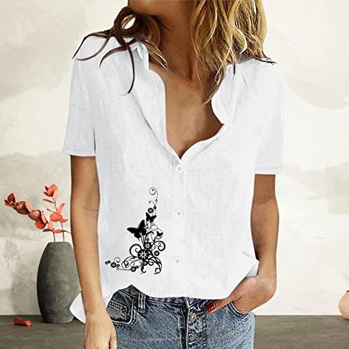 Женски памучни постелнини блузи со копче за вратот на вратот надолу со кошули со кратки ракави летни цветни печати врвови обична лабава маица