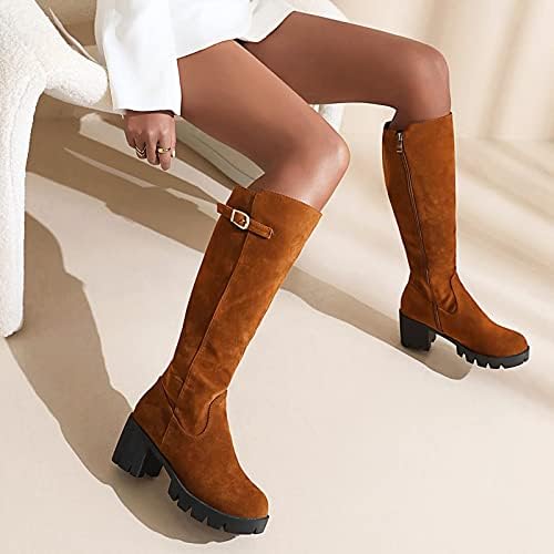 Чизми за жени за сите прилика колено високи чизми странични патенти, бујни високи потпетици со средни пети за борбени чизми за средно