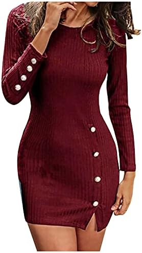 Женски секси џемпер фустан со цврста боја, странична боја, тенок, копче за вратот со долги ракави, плетен фустан џемпер зима