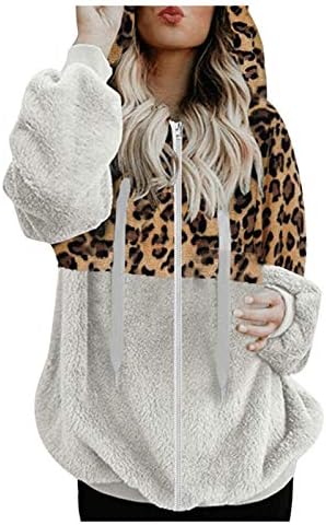 NiceOne Women Leopard Print Stewing Hoodie Преголем шерпа патент пуловер со џебни нејасни џемпери од меки палто