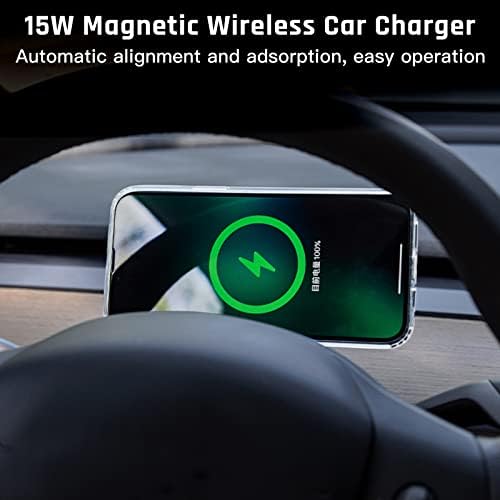 Magsafe Car Mount Charger за Tesla Model 3/Y со полнење за постење на Max 15W, стап на воланот безжичен полнач за автомобили за монтирање за случаи на Magsafe, iPhone 14/13/12/11 Серија