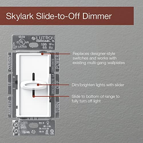 Lutron Skylark Slide-to-Off Dimmer Switch, 600-вати, еднопол, S-600H-WH, бело