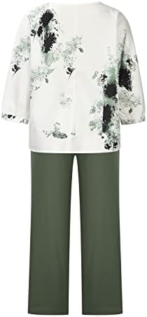 Женски ленени врвови кошули и панталони 2 парчиња поставува облеки лето лабава 3/4 ракав плус сетови со големина со џебови