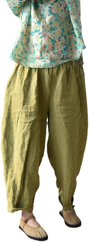 Uktzfbctw памучна постелнина широки панталони за нозе Еластична половината цврста боја лабава панталони жени кинески стил ленти патувања