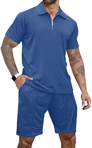 Aulemens Mens 2 Piect Zip Outfits-модни поло маици и шорцеви Поставете летни обични текови за мажи за мажи