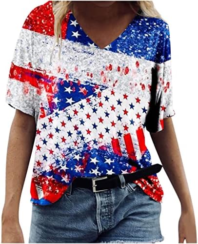 Денот на независноста на женската обична мода летна летна маица со врат за вратот, печатено кратки ракави, врвови на врвови