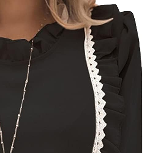 Womenените опуштени долги ракави разгалени чипка панел блуза околу работата на вратот, спојувајќи го пуловер есен зимски маички врвот на