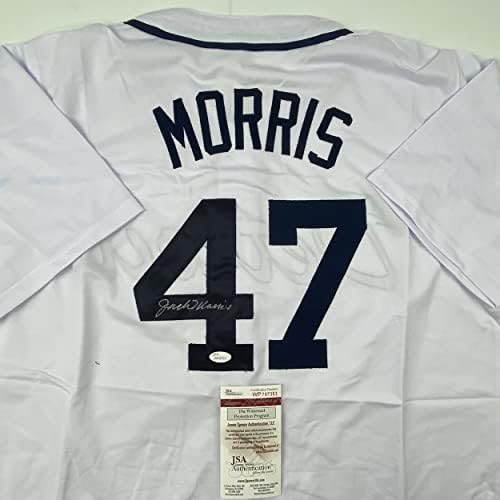 Автограмиран/потпишан Jackек Морис Детроит бел бејзбол дрес JSA COA
