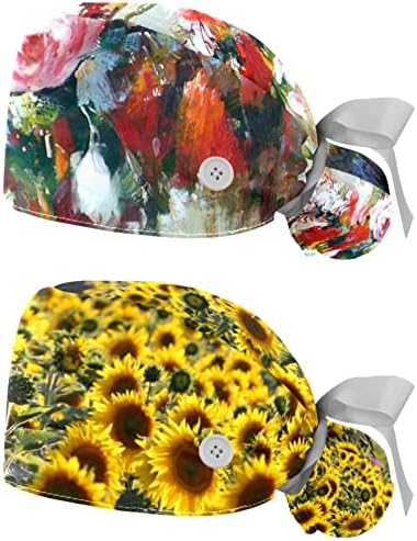 Rodailycay 2 пакувања прилагодлива работна буфантска капа со копче за истегнување на лентата за вратоврска за жени за жени апстрактен цвет
