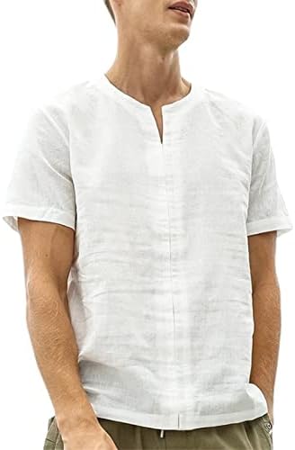 Солидни кошули со постелнина во маифу-гј, тропски обични кошули на плажа, мал v врат летен лесен краток ракав