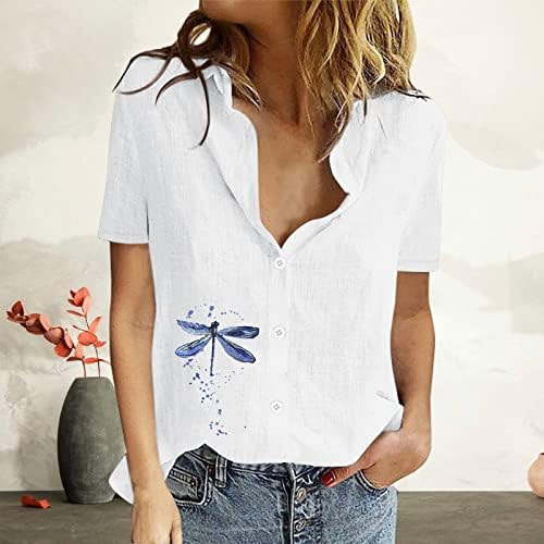 Памучни постелнини блузи за жени, графичка кошула со јака од јака на јака до блузи кошули Обични кратки ракави лабави врвови