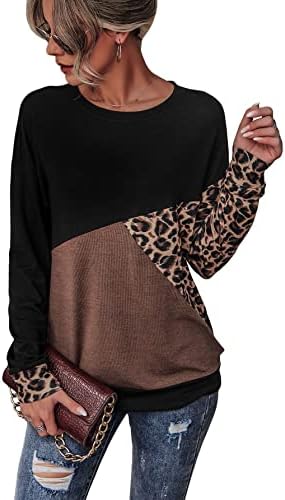 Soly Hux женски обични долги ракави во боја со долги ракави блок од леопард печати маици за пулвер врвови
