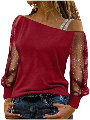 Секси надвор од рамо маица за жени чиста мрежа со долги ракави врвни маички лабава обична цврста блуза Елегантна работа канцеларија кошули