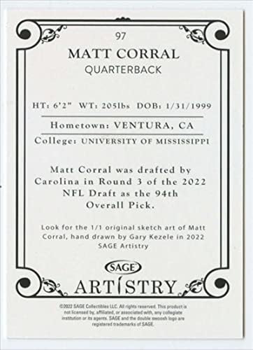 2022 Sage Artistry Silver 97 Matt Corral Ole Miss Rebels RC RC Rackie Football Trading Card