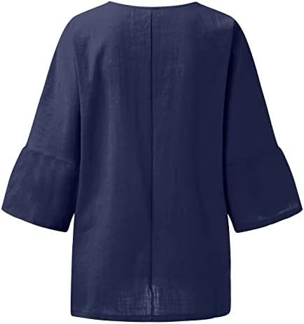 Женски класични обични кошули плус маици со памучна постелнина 3/4 ракав Туничен врат Туника врвови лабава обична кошула блуза