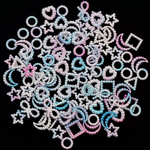 Качимо бисери шарми на нокти, 200 парчиња повеќе во форма на акрилна срцева starвезда круг симпатични разновидни бисери 3Д бисери