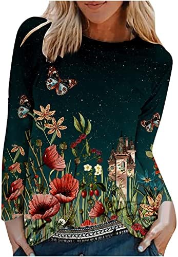 Женски блузи мода 2022 година со долги ракави екипаж блузи на вратот на вратот лабави обични цветни печатени врвови и маици со маици