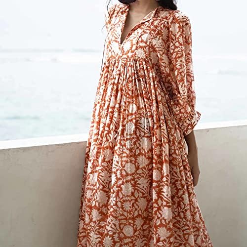 Icodod фустан женски 2023 летна цветна мода лабава голема големина на обични фустани со средно ракав V на вратот за жени
