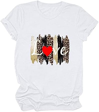 Маици за Денот на вineубените за жени трендовски леопард Loveубов срцев печатење графички маички обични кратки ракави на екипажот