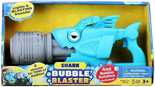 Kid Galaxy Non-стоп забавни светла и звук моторизиран меур од ајкула Blaster со премија 4 унца решение за меурчиња за деца на 3 и повеќе години.