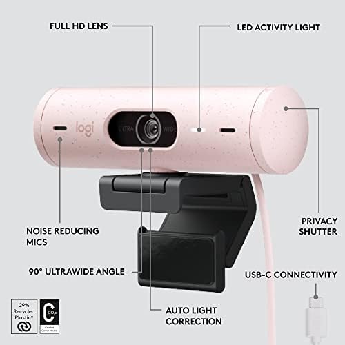 Logitech Brio 500 Целосна HD Веб Камера Со Автоматска Корекција На Светлината-Бело +Litra Сјај Премиум Led Светло ЗА Стриминг Со TrueSoft, прилагодлив