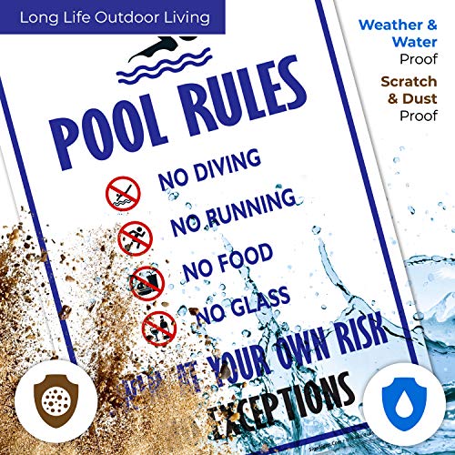 Знак за правила на базенот, без нуркање без храна без чаша, 10x14 инчи, без 'рѓа .040 алуминиум, отпорен на згаснување, направен во САД од Сиго