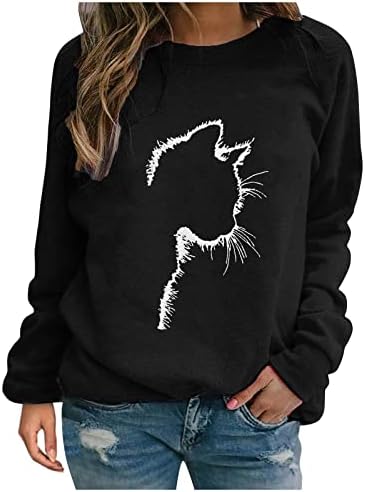 Womenенски 3Д црна мачка печати лабава маичка со преголем дел од екипажот со долги ракави, плус големина празнична лежерна туника врвови