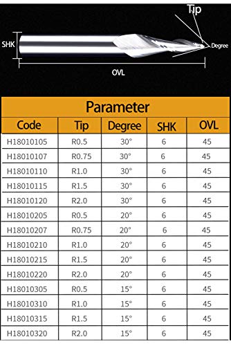 Huhao CNC рутер парчиња 6мм Shank 3D секач R0.75 Ball Nose Taper Bit за метал од 20 степени карбид спирала на скратена мелница