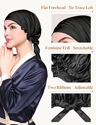 Лилисилк црна свила капа за спиење за затегнување на косата- за жени 100 вистински свилени капаци за спиење на свила- кадрици за кадрици