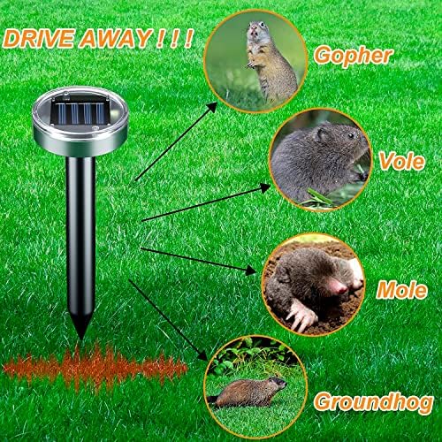 Крт отвратија соларно напојување 8 пакувања Sonic Mole Detrenter Spikes, Snake Gopher Vole Repellent for Garden Garden & Dation Gopher