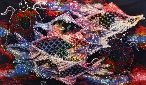 Оригинално сликарство со батик уметност на памучна ткаенина, „риба и долговечност“ од Агунг