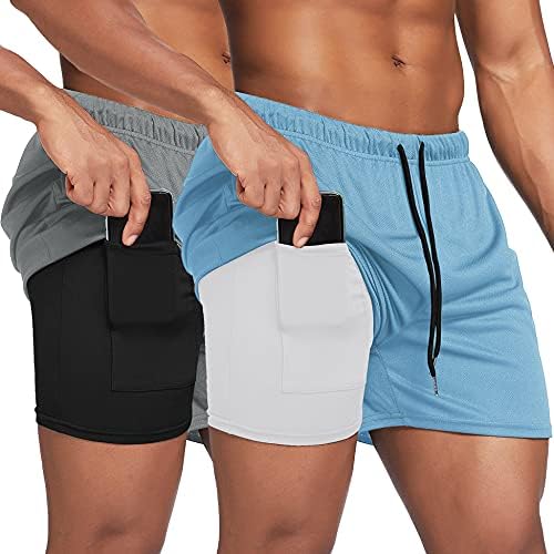 Coofandy Man's 2 Pack Shorts 2 во 1 салата за вежбање шорцеви Брзи суви атлетски тренинзи Спортски шорцеви со телефонски џебови