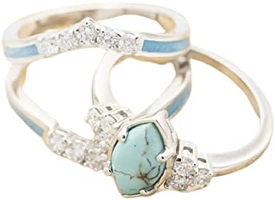 ПИНГИОНГЧАНГ 3 ПЦС прстен Поставете природни тиркизни дијамантски прстени тиркизни сребрени бои прстени за жени тиркизен накит пенливи