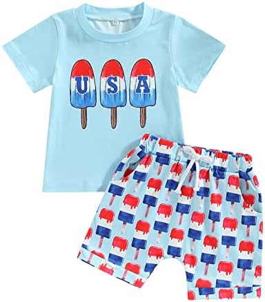4-ти јули бебе момче облека Краток ракав во САД маица Топ шорцеви Ден на независност облека летна облека