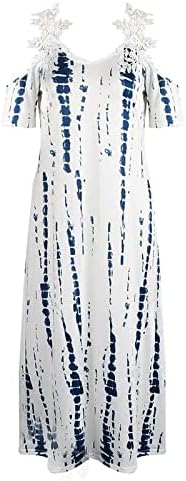 Fashionенски моден летен принт V-врат од рамената со кратки ракави за распрскувачки фустан со чипка
