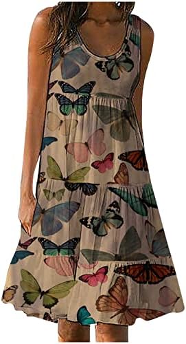 Женски летни фустани Пеперутка печати околу резервоарот без ракави без ракави, обична лабава лабава плажа миди маица фустан