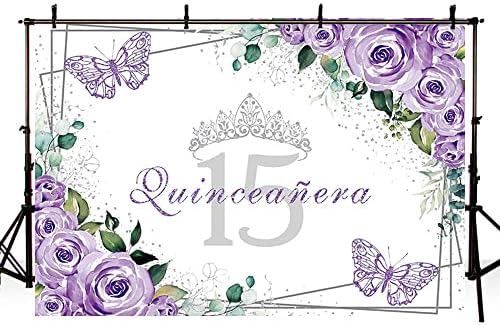 Испрати 7x5ft Quinceanera Позадина Мис Дуња 15 Анос Роденден Декорација Материјали За Девојка Принцеза Виолетова Цветни Пеперутка