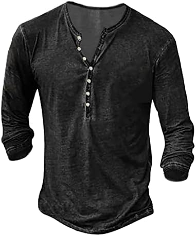 Ubst 2022 Нови кошули за мажи Хенли Ретро потресено цврсто копче со цврста боја V вратот врвови летни долги ракави, обична кошула на плажа
