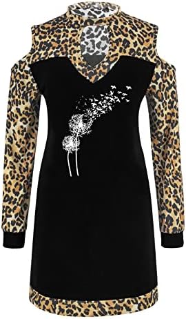 Nokmopo женски фустан обичен панел за боја на леопард од рамо со долг ракав директен фустан за забава макси фустан