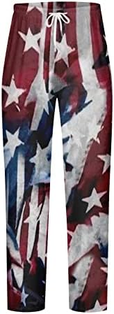 Менс обични постелнини панталони Денот на американската независност 3Д печатено директно нозе Еластично влечење на половината на