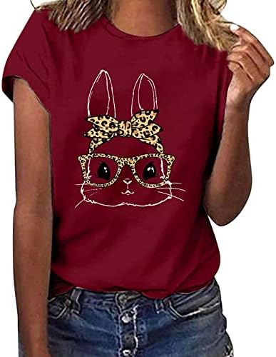 Симпатична зајак печатени врвови за жени обични летни летни маици за велигденски ден кратки ракави околу вратот лабава маица фустани