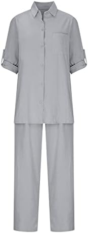 HGPS8W женски памучен постелнина со две парчиња облеки лето лабава 3/4 ракав преголем врв и исечени панталони поставени случајни тренерки