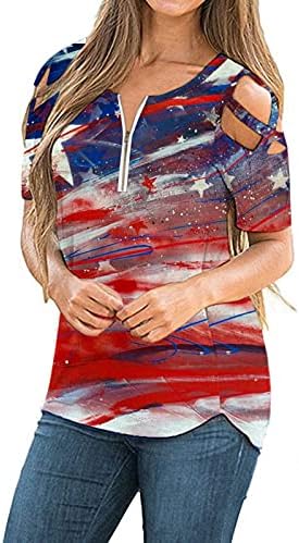 Денот на независноста САД Патриотски кошули за жени 4-ти јули Зип up v врат маица лето ладно рамо американски врвови