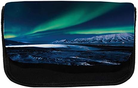Зачудувачки кутија за молив на Аурора Бореалис, Поларно Норвешка небо, торба со молив со ткаенини со двоен патент, 8,5 x 5,5, темно небо сино море