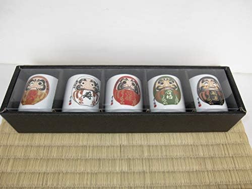 Mino Ware Јапонски ochoko мали чаши за доброто со шема на кукли Дарма автентичен керамички сет од 5 направени во Јапонија TR86301